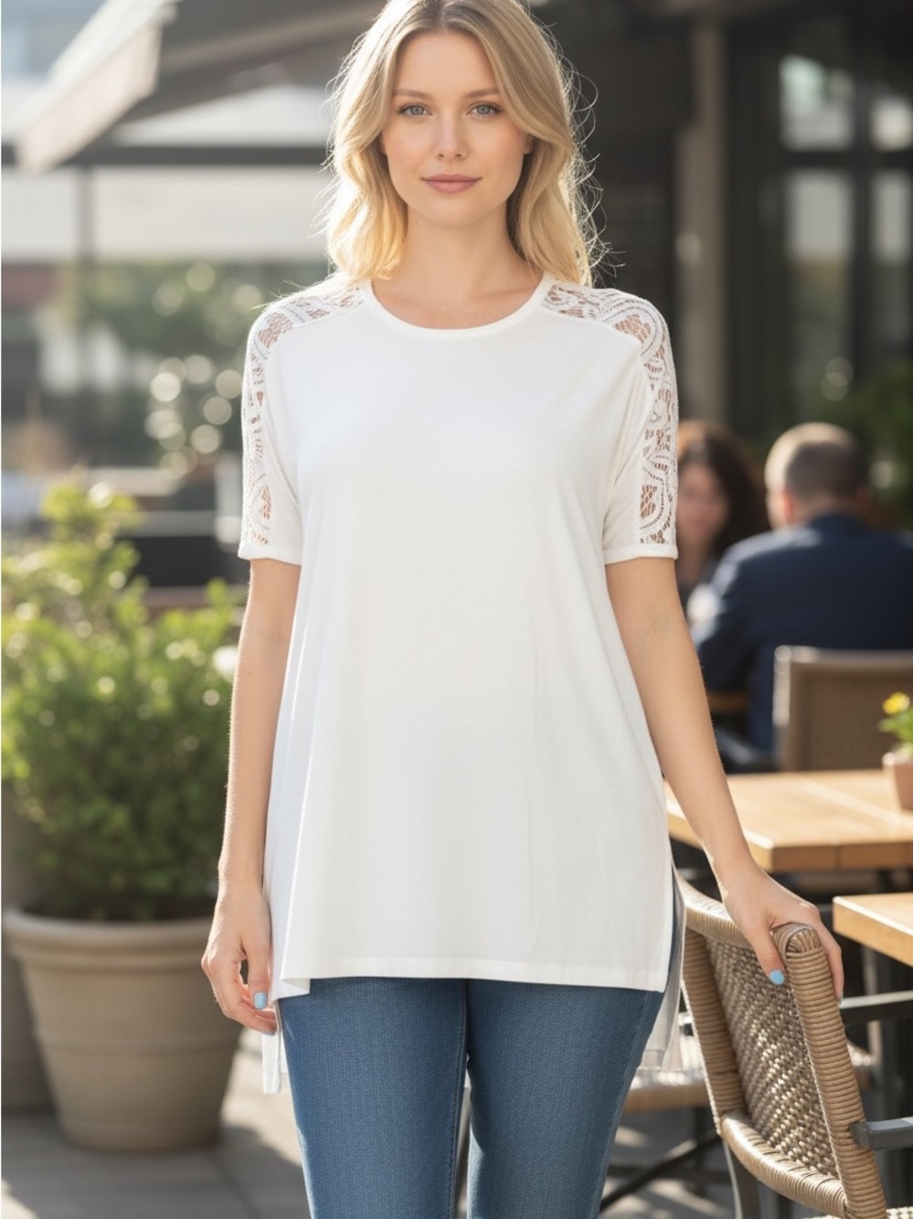 Zenana Outfitters White Lace Shoulder Tunic - Picture 2 of 7